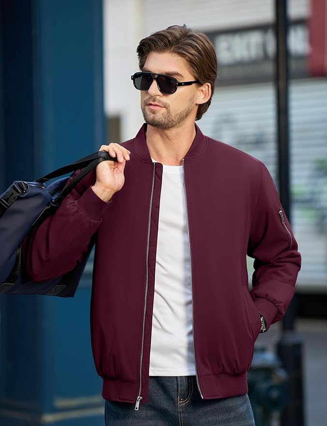 Cotrasen Mens Bomber Jacket Fall Winter Warm Windbreaker Casual Full Zip Padded Coats with Pockets