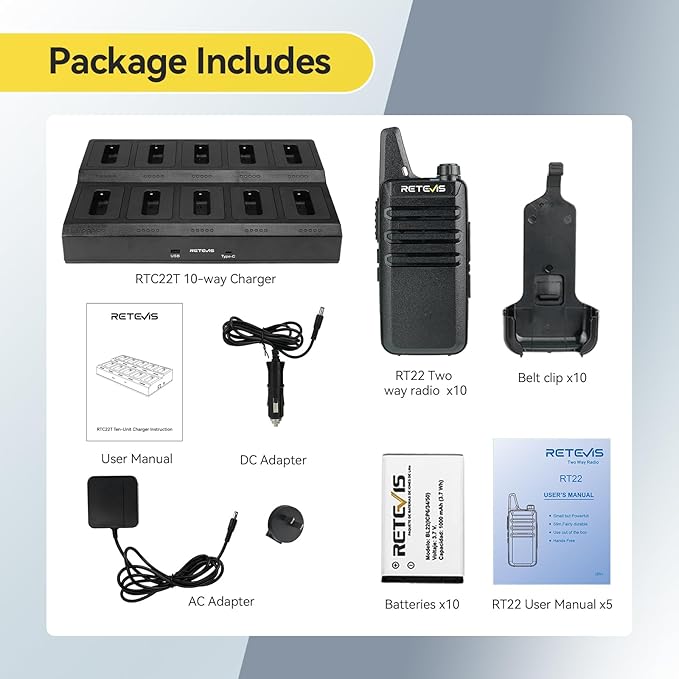 Retevis RT22 Two Way Radio,Rechargeable Walkie Talkies Long Range(10 Pack) with 10 Way Gang Charger,Charging Progress Bar,Workplace Organization,Compact Walkie Talkie for Adults Office School Daycare