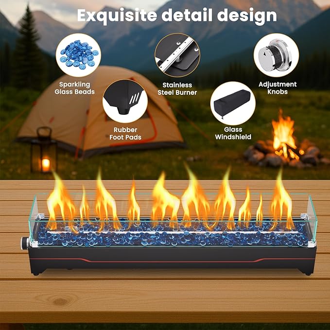 GRISUN Tabletop Fire Pit,36 Inch Propane Fire Pit Table,50000 BTU Table Top Firepit with Glass Wind Guard,Stainless Steel Burner,Fire Glass,Portable Propane fire Pit for Patio, Camping, Backyard & RV