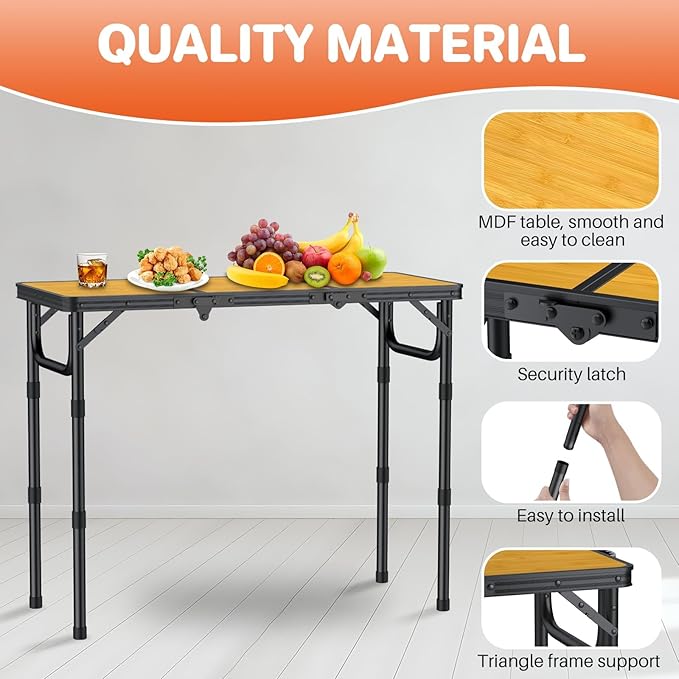 FUNYKICH 3ft Camping Folding Table with 3 Adjustable Height, Portable Picnic Tables, 34.2'' Lx15.7'' W Lightweight Aluminum Outdoor Table with Carry Handle for Camping, Picnic, Backyard, BBQ-Black