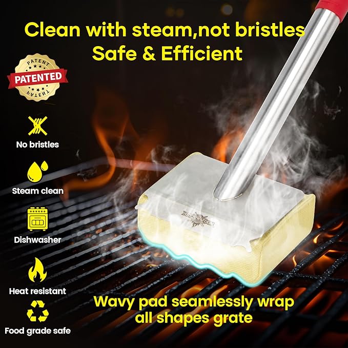 Grill Brush Bristle Free,Aramid Fiber Wavy Pad Seamless-Fit Cast Iron/Stainless-Steel Grates,BBQ Replaceable Scraper Cleaning Head,Safe Grill Cleaner for Outdoor Grill,Gifts for Men/Dad