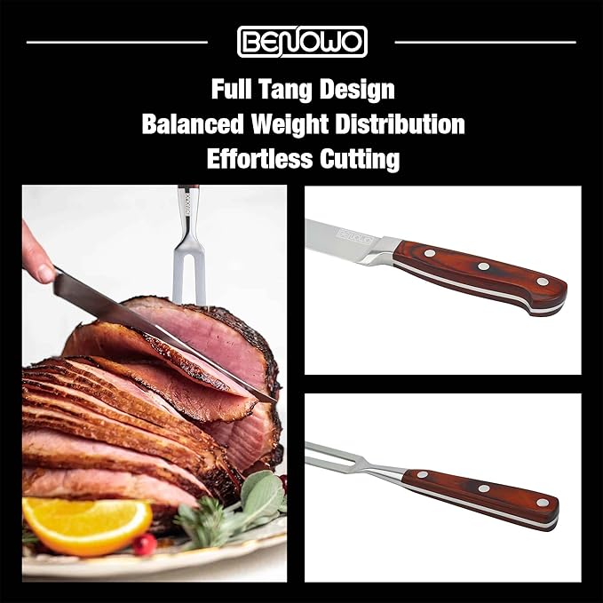 Benowo Carving Knife Set 2-Piece, 8-inch Turkey Carving Knife and Fork Set Stainless Steel Kitchen Knife for Steak, Hibachi Knife and Fork, BBQ Carving Fork with Gift Box – Designed in USA