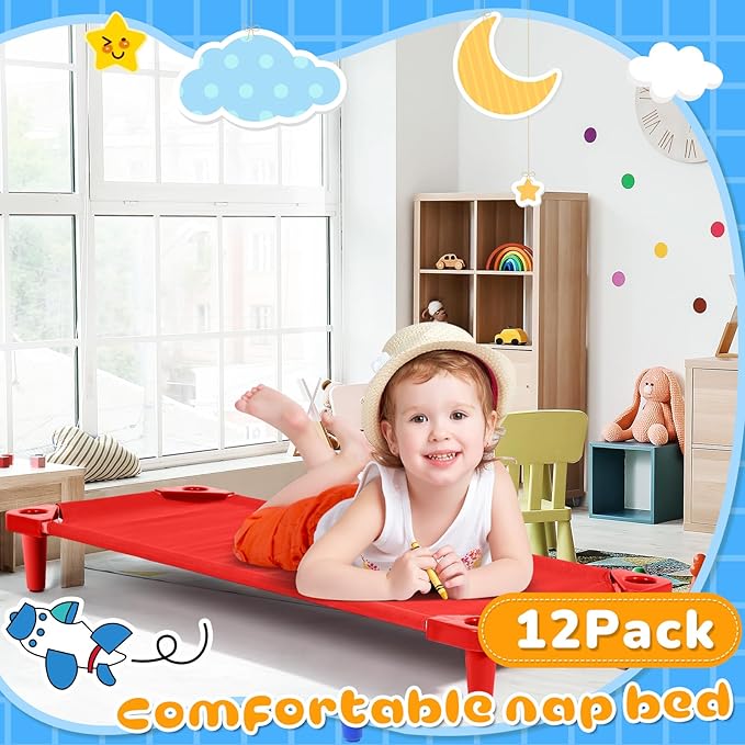 6 Pcs Stackable Daycare Cots for Toddler 54" l x 23" W Kids Cots for Sleeping Portable Kids Bed Furniture Bed Frames Headboards Footboards for Classroom Preschool (Multicolor)