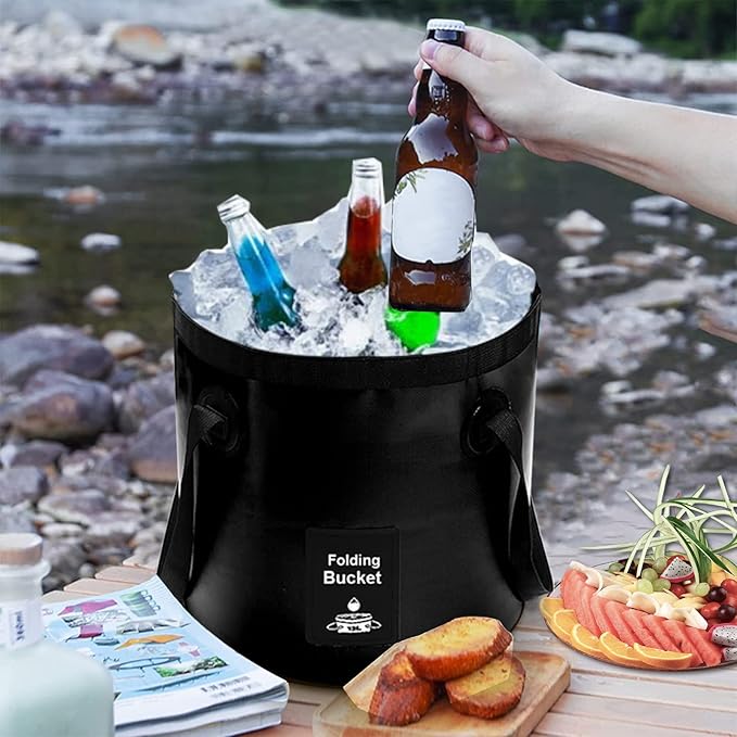 Collapsible Bucket with Handle, Lightweight Folding Water Container, Portable Collapsible Bucket for Fishing, Camping, Hiking, Backpacking, Outdoor Survival, Car Washing Black 12L