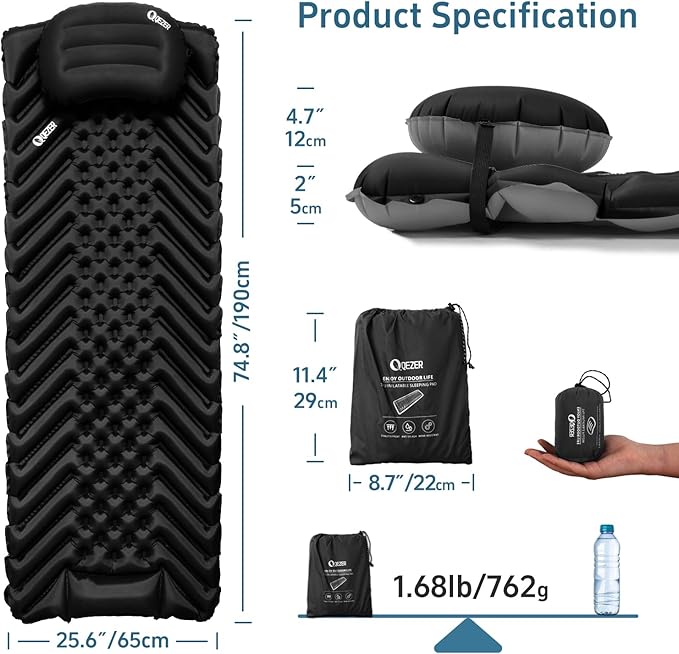 Ultralight Sleeping Pad Camping Inflatable Pillow for Camping Combo, Compact Backpacking Inflatable Sleeping Pad for Adults- Portable for Hiking, Travel - Durable & Comfortable