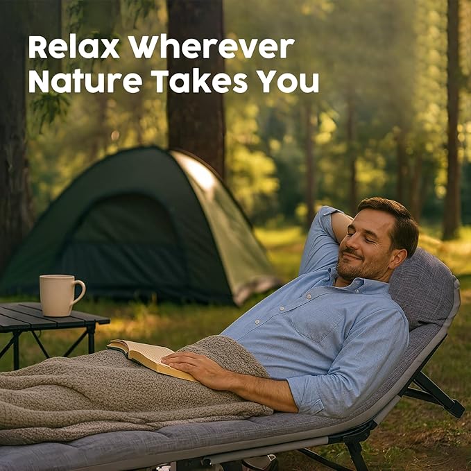 Chaise Lounge Chair, Folding Cot, 6-Angle Adjustable Camping Cot with Mattress for Patio and Beach, Foldable Bed Portable Heavy Duty Lay Flat Reclining with Pillow (Gray, M - 70'')