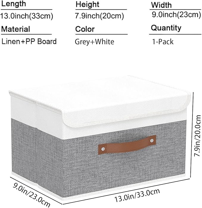 Yawinhe Collapsible Storage Bin, Cube Organizer Basket, Fabric Box with Lids, Washable and Leather Handle, for Home, Closet, White/Grey, 13.0''Lx9.0''Wx7.9''H, 1-Pack, SNK024WGS-1