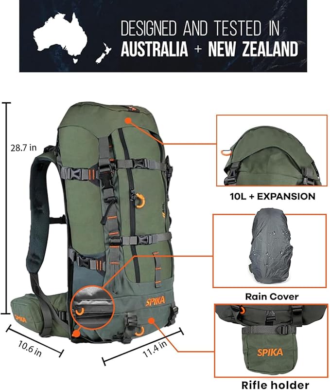 SPIKA Hunting Backpacks for Men, Meat Hauler Frame Pack with Rifle Holder, 40L/80L Extendable + Capacity for Bow Rifle Gun