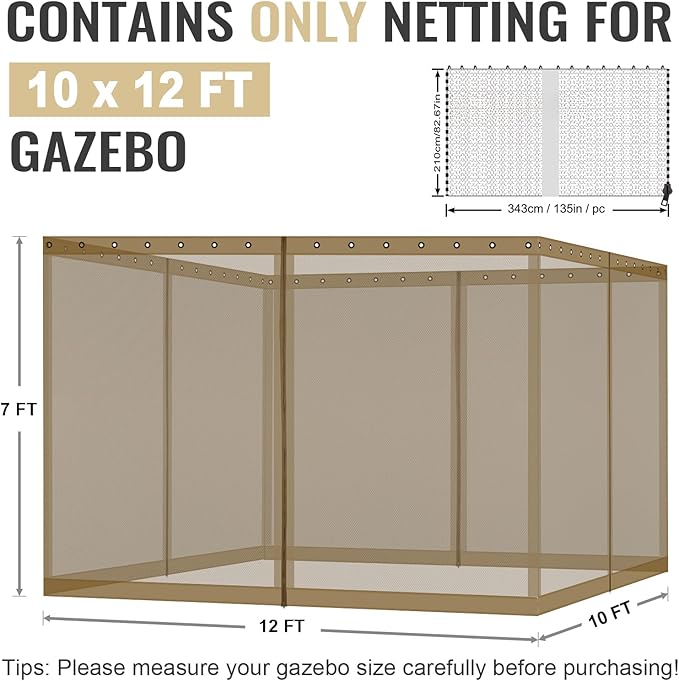 COWVIE Gazebo Replacement Netting Screen, 10' x 12' Universal Gazebo 4-Panel Mosquito Sidewalls with Double Zippers for Outdoor Patio (Only Netting)