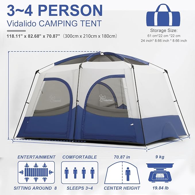 Vidalido Tents,3-4 Person Camping Tent with Extended Vestibule,Weather Resistant Family Tents with Breathable Mesh Windows,Easy Install Waterproof Outdoor Tent for Backpacking and Camping Hiking