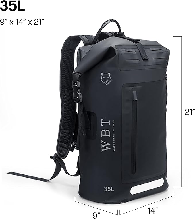 Water Bear Tactical Waterproof Backpack: Black 35L Rugged Roll-Top Closure with Waterproof Zipper front pocket and Cushioned Padded Back.(New Version) laptop sleeve inside