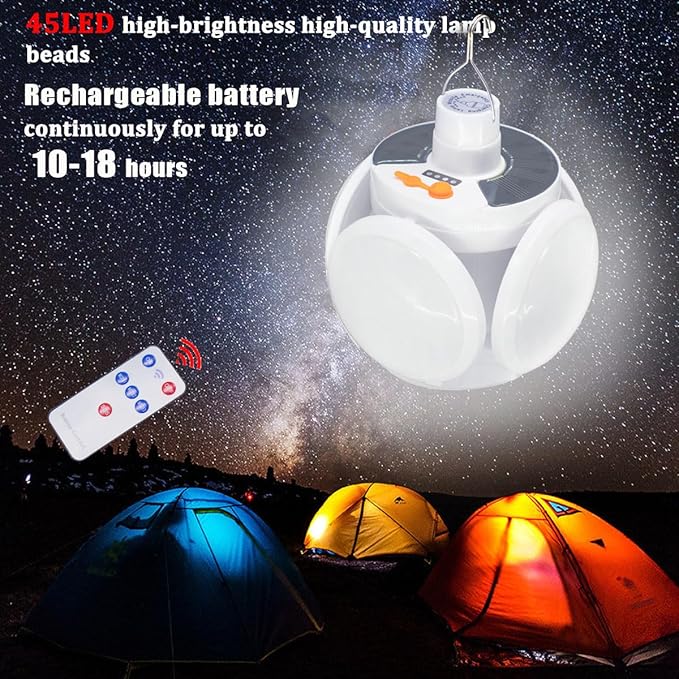 Folding Solar Lights Camping Lamp Tent Lantern Foldable Collapsible 45 LED USB 4000mah Battery Rechargeable Hanging Waterproof Remote Control Portable Outdoor Emergency Power Outage 3 Pack