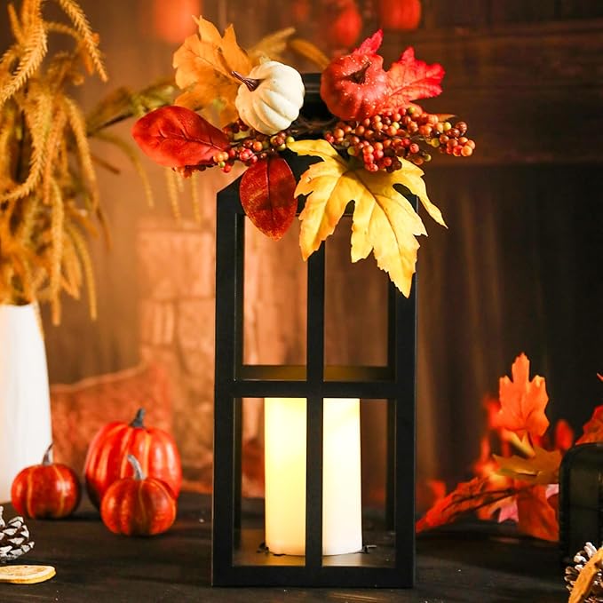 Bdor 2 Pack Fall Lantern Decor with LED Candle – 17.7 Inch Harvest Pumpkin Maple Leaf Hanging Lantern for Autumn Thanksgiving Table Centerpiece Indoor Outdoor Decoration, Battery Operated