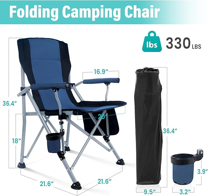 Folding Camping Chair Portable Outdoor Beach Chair, Heavy Duty Foldable Lawn chair Support 330lbs, Collapsible Lightweight Camp Chair with Cup Holder&Carry Bag for Fishing Outside Sports Picnic(Blue)