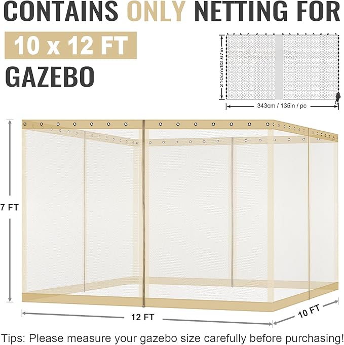 COWVIE Gazebo Replacement Netting Screen, 10' x 12' Universal Gazebo 4-Panel Mosquito Sidewalls with Double Zippers for Outdoor Patio (Only Netting)