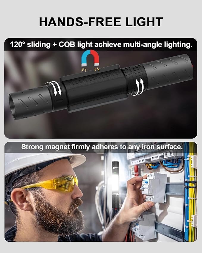Rechargeable Flashlight, Includes Screwdriver, Window Breaker, 4 Main Lighting Modes, 3 Side Lighting Modes, High and Low Beam, Magnetic Rechargeable Flashlight for Home, Car, Hiking, Camping