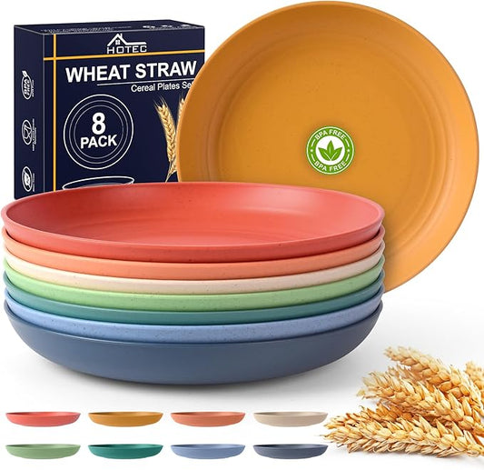 HOTEC 8-Pack 8inch BPA Free Unbreakable Deep Plastic Plates, Wheat Straw Camping Plates Dishwasher Safe Kitchen Plates Dinnerware Multicolor