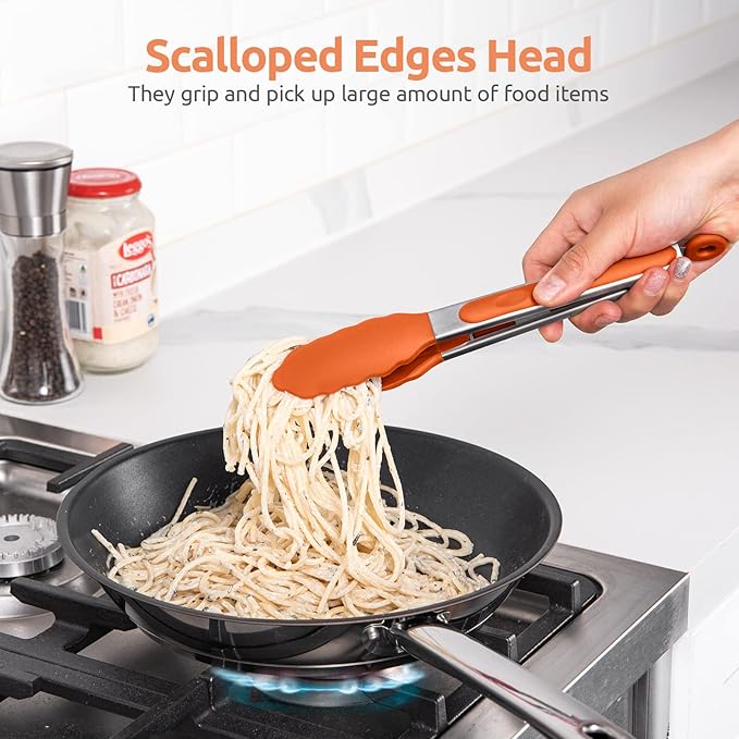 600ºF Heat Resistant Kitchen Tongs: U-Taste 9 inch Silicone Cooking Tong with Firm Sealed Non Stick Rubber Tips & Silicon Coated 18/8 Stainless Steel Handle & Smooth Locking for Serving Grill (Orange)