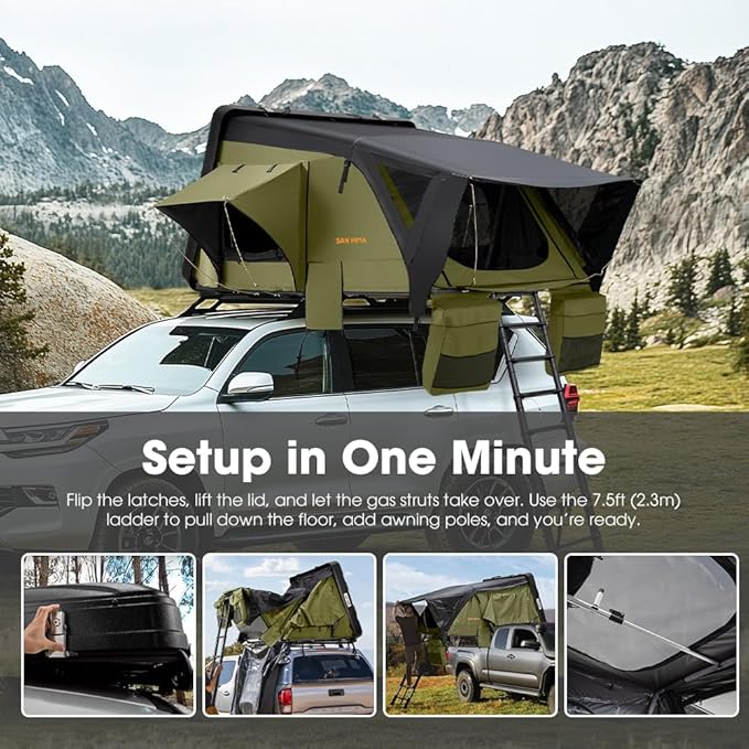 Sanhima Rooftop Tent Hard Shell - Jervis Overland Aluminium ABS Roof Top Tent w/Stargaze Window & LED Strip Light for Car SUV Truck Camping, 2-3 People