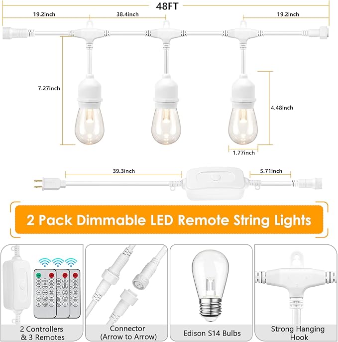 Mlambert 3 Color Outdoor LED Dimmable String Lights with Remotes, Plug in 96FT(2x48FT) Waterproof Shatterproof LED Lights for Patio Pergola-White Cord