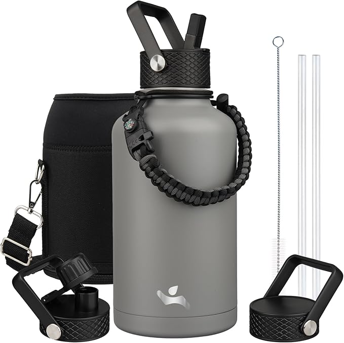 Half Gallon Insulated Water Bottle with Straw,64 oz 3 Lids Water Jug with Carrying Bag,Paracord Handle,Double Wall Vacuum Stainless Steel Metal Flask,Gray