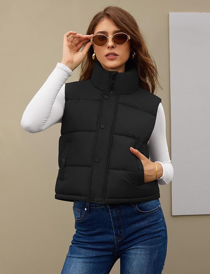 Fengbay Womens Puffer Vest Sleeveless Puffy Cropped Vests Stand Collar Vest Lightweight Bubble Quilted Vests Trendy 2025