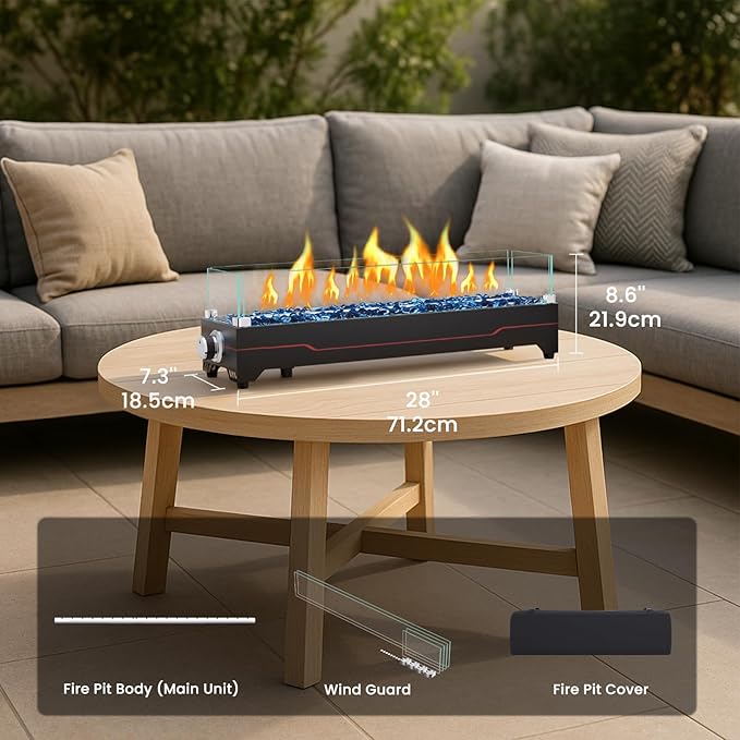 GRISUN Tabletop Fire Pit,28 Inch Propane Fire Pit Table,45000 BTU Table Top Firepit with Glass Wind Guard,Stainless Steel Burner,Fire Glass,Portable Propane fire Pit for Patio, Camping, Backyard & RV