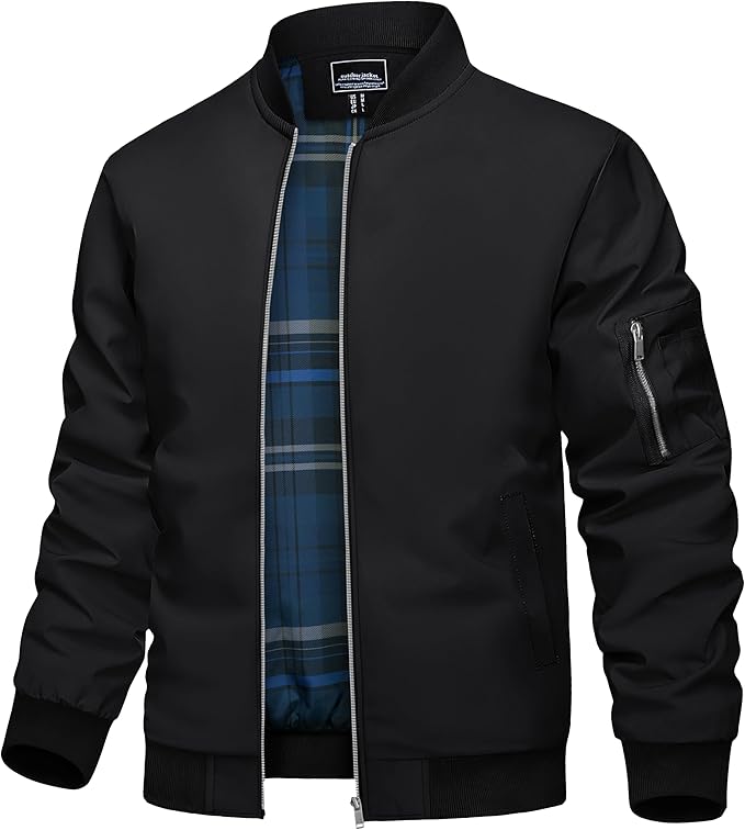 TACVASEN Mens Bomber Jacket Plaid Lined Casual Windbreaker Stylish Light Fall Spring Jackets Windproof Zip Up Coat