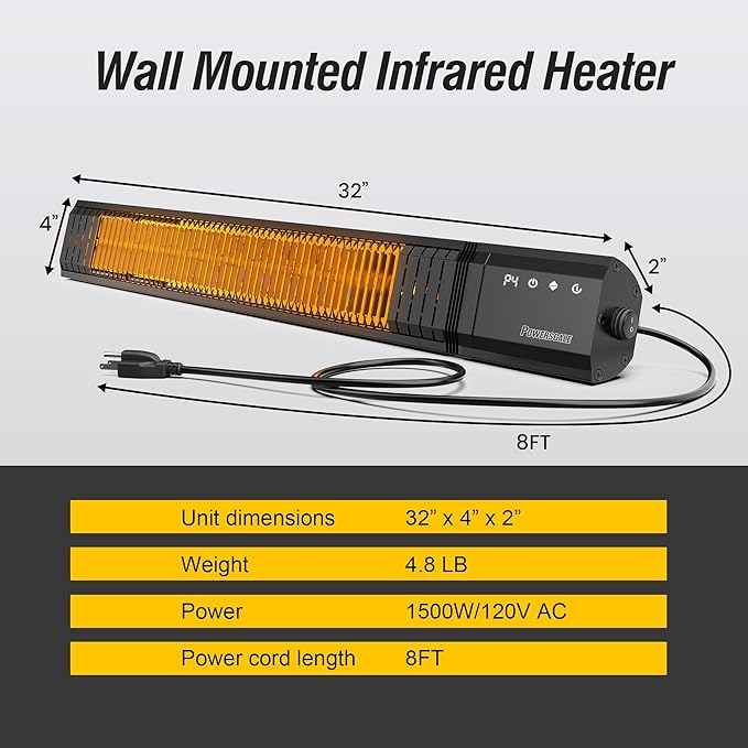 Infrared Heater, Outdoor Heaters for Patio Electric, IP65 Waterproof, 1500W, Patio Heater with Remote, 24H Timer&4 Heat Level for Porch, Garage & Backyard