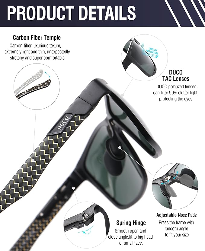 DUCO Mens Sunglasses Polarized Rectangle Sunglass for Men Lightweight Carbon Fiber UV400 Protection 8206