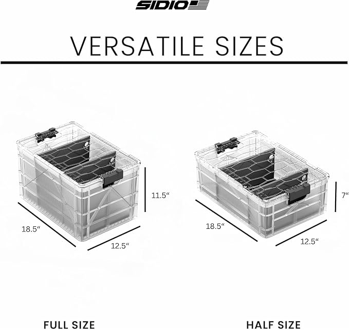 SIDIO CRATE Starter Pack - Two Full Size and One Half Size SidioCrate, Stackable Outdoor Organizer Storage Bins with Clear Lid and Dividers - Clear