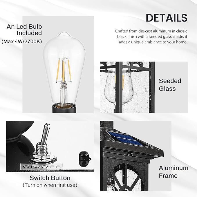 zeyu 15.8 Inch Solar Exterior Lighting Fixture, Exterior Wall Light Fixture with Remote, Die-Cast Aluminum with Seeded Glass Shade, Black Finish, ZYX112B SL BK
