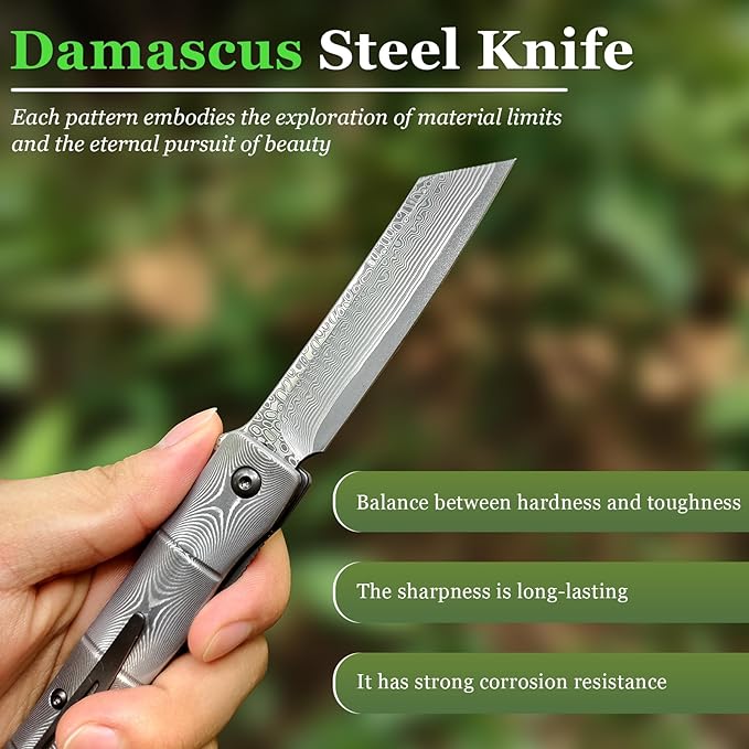 KATSU Handmade Full Damascus Pocket Knife,3" Damascus Blade Bamboo Style Men Women Folding Knife with Clip Linner Lock, Japanese Razor Work Knife with Leather Sheath Camping Hiking