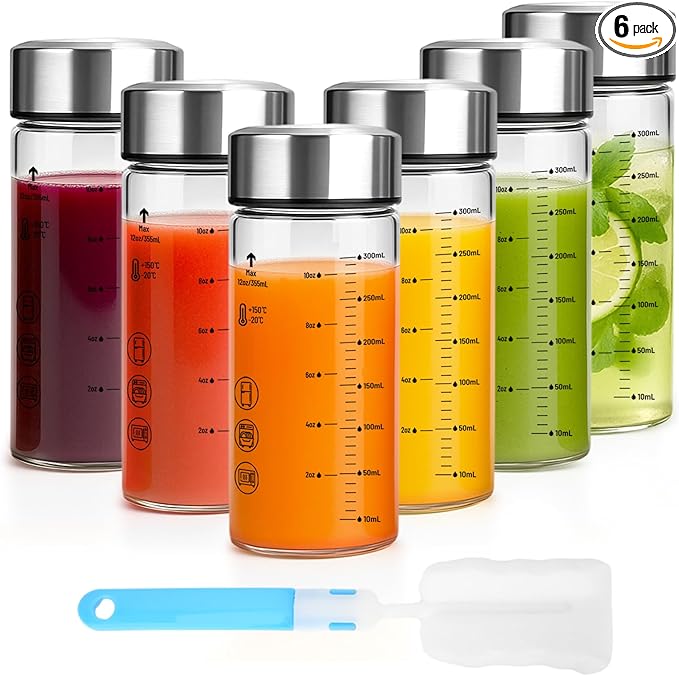 12oz Glass Water Bottles with Lids, 6 Pack Reusable Wide Mouth Juice Bottles with Stainless Steel Caps, Leakproof Borosilicate Glass for Juicing, Smoothies & Storage, BPA-Free,Dishwasher Safe