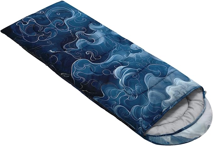 Kids Sleeping Bag for Boys Girls,Blue Ripples Print-Lightweight Warm Portable Outdoor Indoor-Waterproof Cold Weather Resistant Sleeping Bag for Camping Hiking