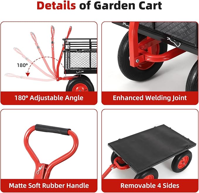 1400lbs Steel Garden Cart, Heavy Duty Yard & Garden Wagon w Removable Mesh Sides, Utility Metal Wagon Convert into Flatbed w 2-in-1 Rotating Handle, 16 inch All Terrain Wheels for Garden, Farm, Yard