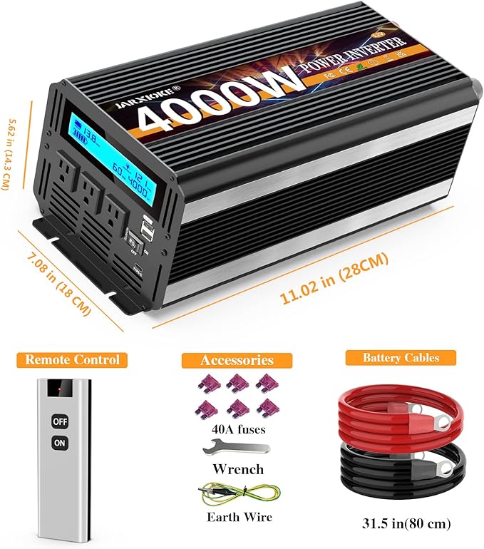 4000 Watt Power Inverter 12V DC to 110V 120V Converter for Family RV Off Grid Solar System Car with Type-C Ports 3 AC Power Outlets Dual USB Ports LCD Display Wireless Remote Control