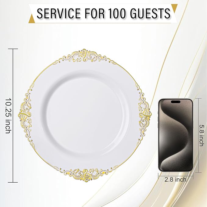 Nervure 100Pcs White and Gold Plastic Plates - 10.25Inch Gold Disposable Plates - Heavyweight Dinner Plate for Wedding & Party & Thanksgiving