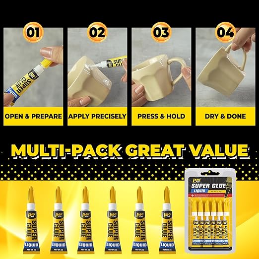 Super Glue 6x3g Liquid CA Glue, Clear Cyanoacrylate Adhesive Single Use for Shoe Sole Repair Ceramic Plastic Model Metal Wood Aquarium Leather Pottery Glass, Food Safe Strong and Instant Bonding