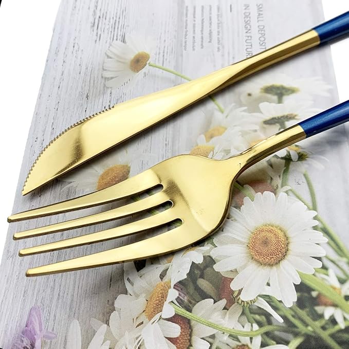 Blue Gold Silverware Set, JASHII 30-Piece Stainless Steel Satin Finish Flatware Set, Kitchen Utensil Set, Mirror Polished Tableware Cutlery Set for Home and Restaurant, Dishwasher Safe