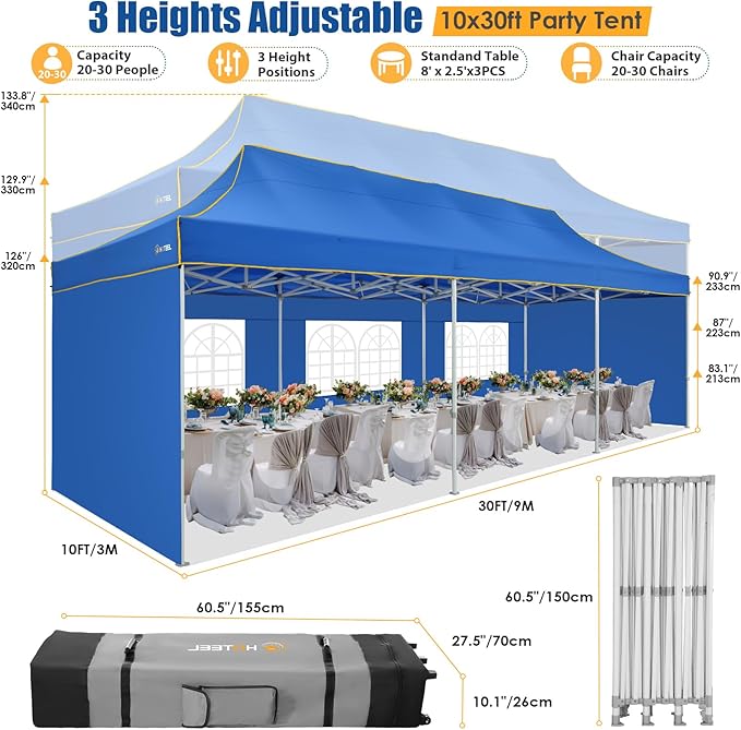 HOTEEL 10x30 Pop up Canopy Tent for Parties, Heavy Duty Easy Setup Tent with 5 Sidewalls, Outdoor Commercial Instant Gazebo for Wedding Event, with Roller Bag & Sand Bags, Blue(Hexagonal Frame)