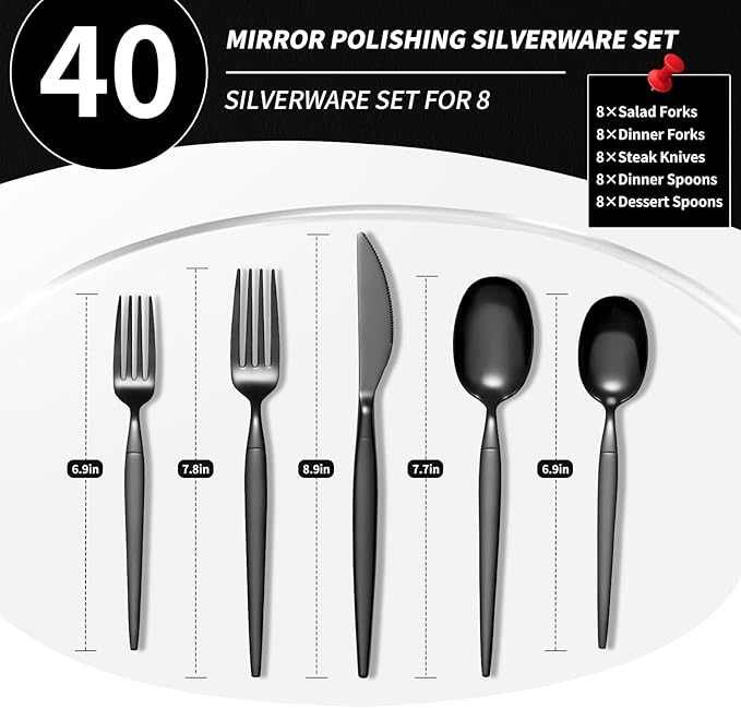 40-piece Black Silverware Set, Unique Design Stainless Steel Flatware Set, Cutlery Set Spoons And Forks Knives Set, Tableware Set Service For 8, Dishwasher Safe