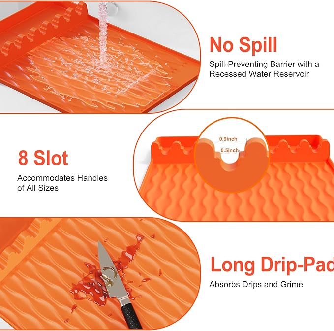 2-Pack Silicone Griddle Mat for Blackstone – Heat-Resistant Utensil Holder with Drip Tray, Non-Slip BBQ Tool Organizer for Grill, Kitchen Countertop & Outdoor Cooking Accessories(Grey&Orange)