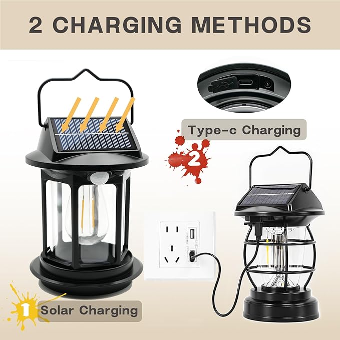 Solar Motion Sensor Lanterns, Outdoor Hanging Lamps, Waterproof, Camping Lights, Rechargeable, Battery Powered, Bright, Decoration for Outside, Porch, Garden, Patio, Yard, Retro Vintage, Gifts