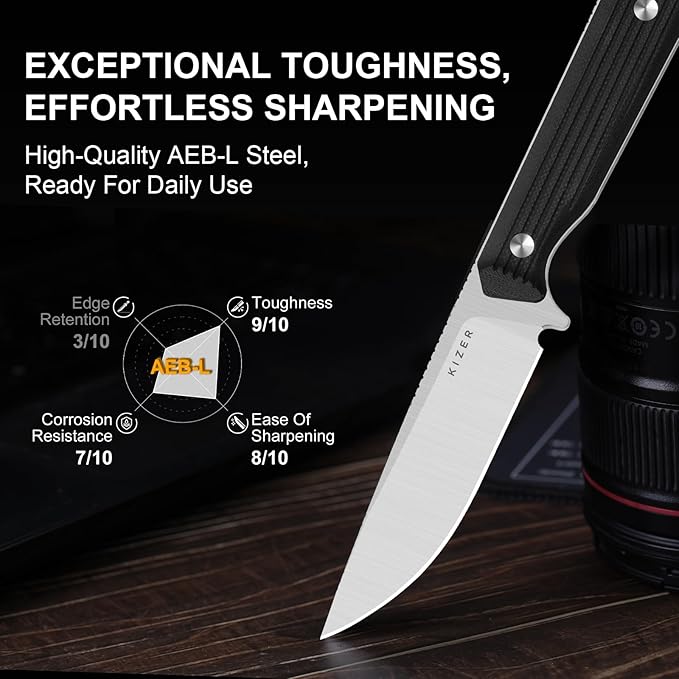 Kizer Begleiter Fix Fixed Blade Knife, 3.78" Drop Point AEB-L Blade Hunting Knives with Kydex Sheath, Black G10 Handle EDC Knife for Camping Hunting Survival 1045MD2
