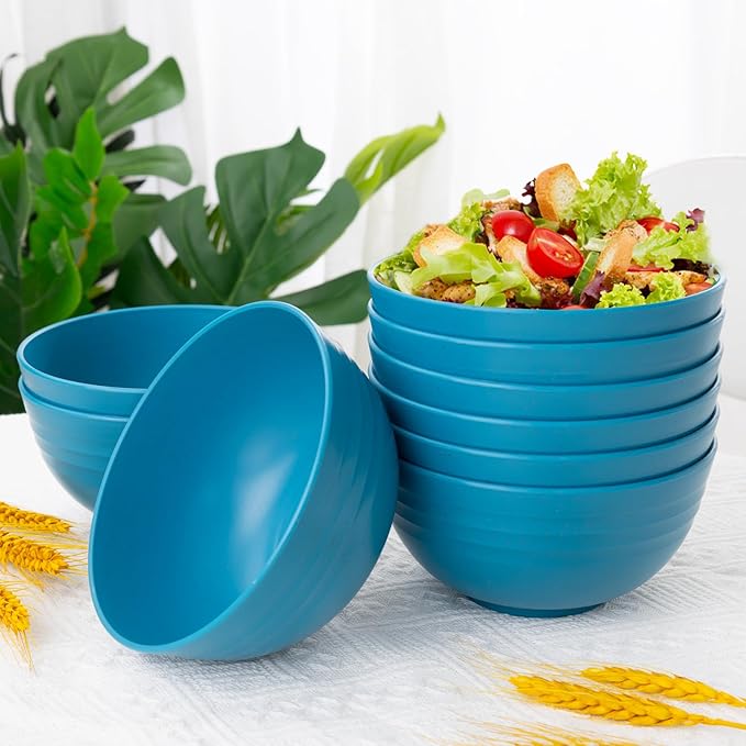 LIYH 48 Pcs Blue Wheat Straw Dinnerware, Plates and Bowls Set, Camping Dish Set for 12, Plastic Dinnerware Set, Dishwasher Safe Dinnerware Set, Unbreakable Plastic, Camper Dish Sets