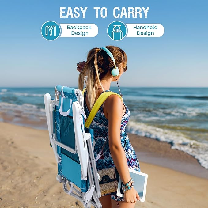 Reclining Beach Chair Backpack 5-Position Lay Flat Lounge Chair for Adults Heavy Duty Portable Folding Lightweight with Cooler Bag Camping Chair for Sand Outdoor