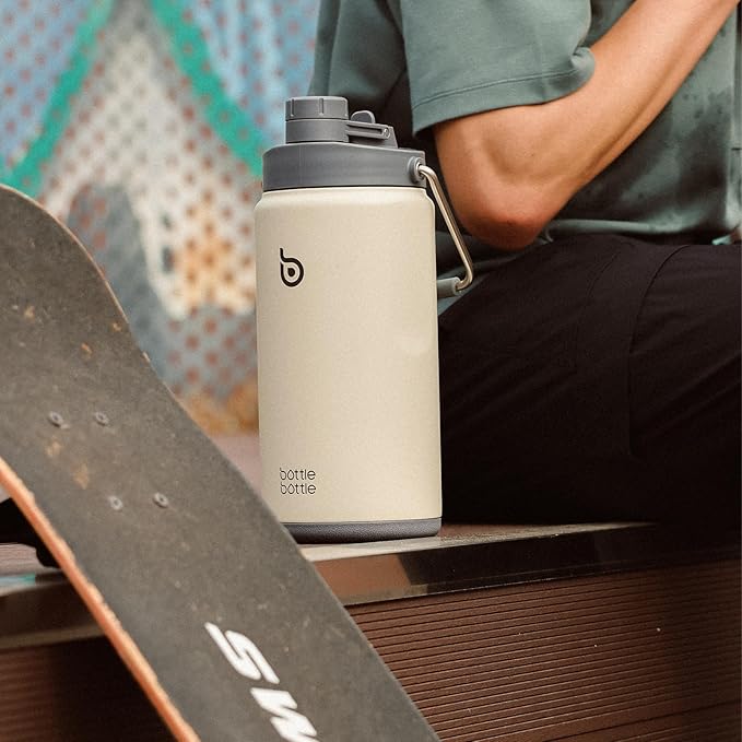 BOTTLE BOTTLE Insulated Water Bottle 64 oz with Straw and Dual-use Lid Half Gallon Water Jug Vacuum Stainless Steel for Workout Sports Insulated Beer Growler with Handle and Pills Holder Gray