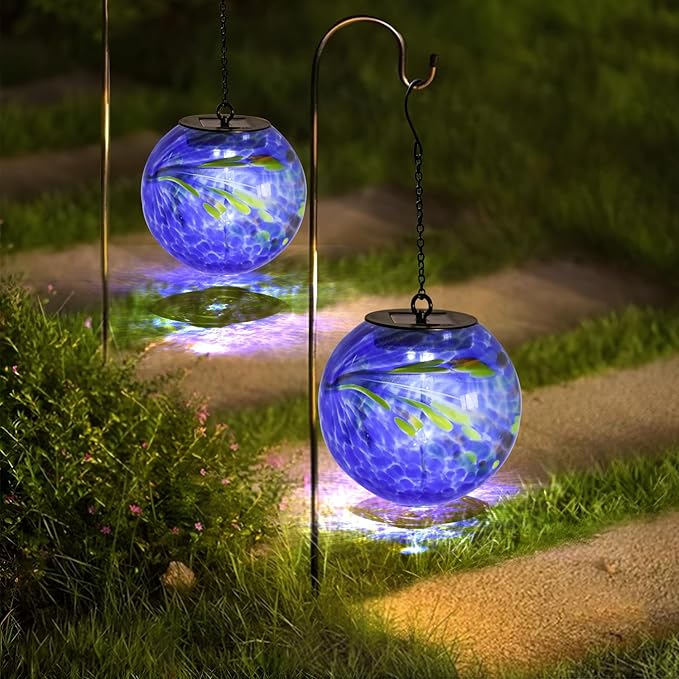 Solar Hanging Lanterns Outdoor Solar Glaze Glass Lantern Globe Hanging Outdoor Lights for Garden Yard Home Decoration Blue
