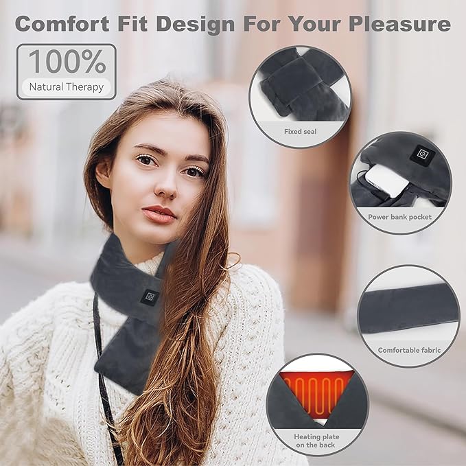 Heated Neck Wrap with 5000 mAh Power Bank, Cordless Heating Pad with Adjustable 3 Heat Settings, Soft Neck Warmer for Pain Relief, Muscle Relaxation, Portable Heated Neck Scarf